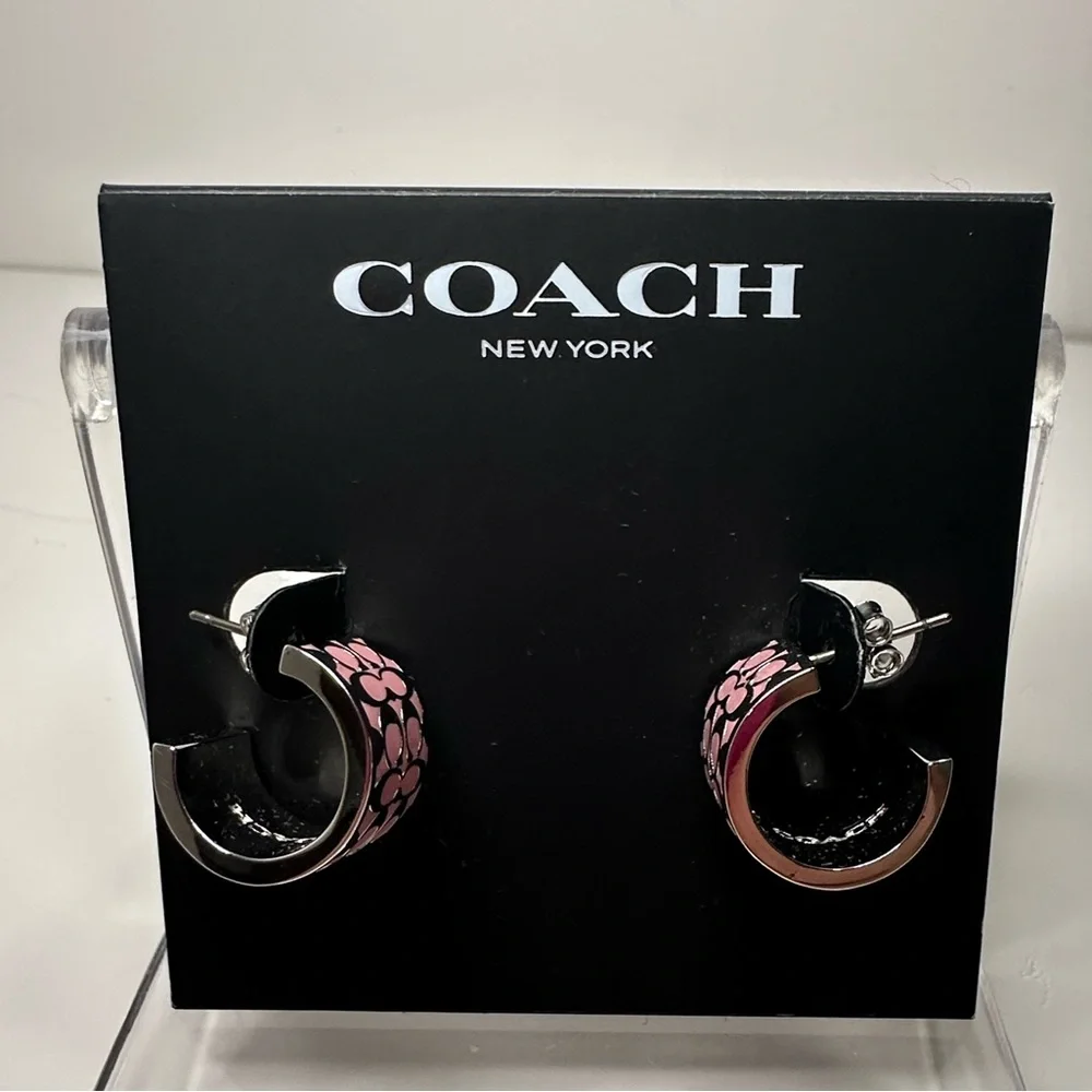 Coach NWT Silver and Pink Enamel Signature Small Huggie Hoops - Picture 3 of 10